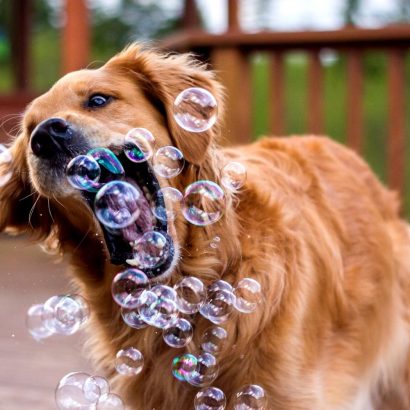 a dog playing with bubbles at a doggy daycare in Marietta